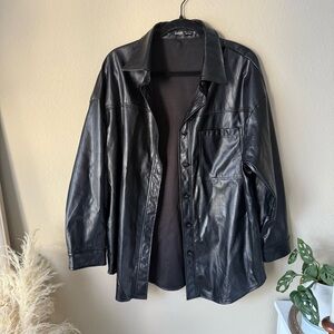 SHEIN Black Faux Leather Jacket Button Down Oversize Coat Shacket Front Pocket